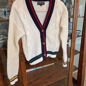 Almost Famous White Cardigan with Navy, Red, and Green Trim